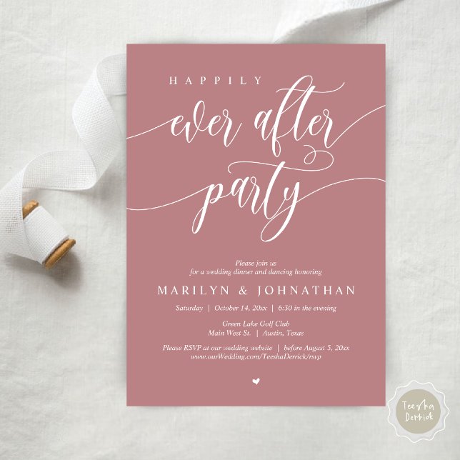 Invitation Heureux Après La Fête, Dîner Mariage Danser (Happily Ever After Party, Modern Minimalist Wedding Dinner Invitation Card, PDF, Dusty Rose Pink)