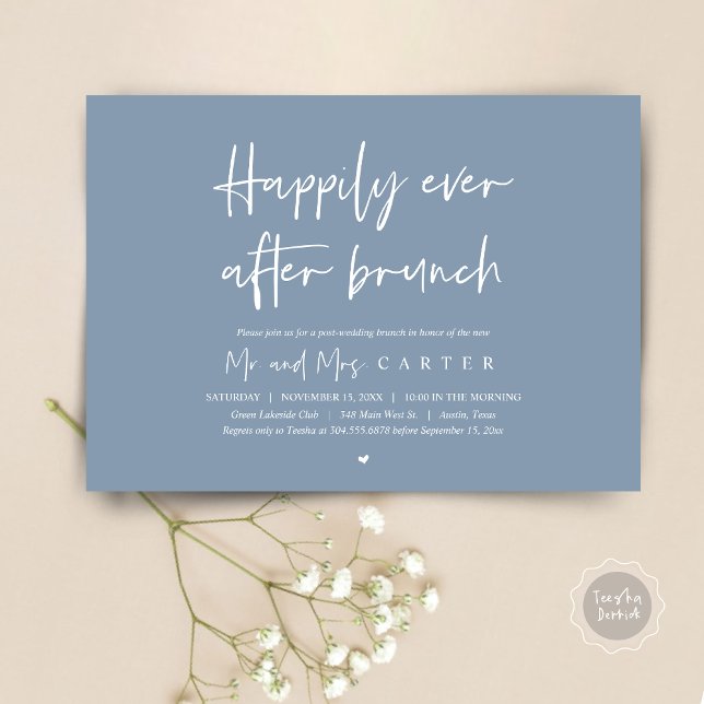 Invitation Heureux après le brunch, mariage post moderne (Happily Ever After Brunch Invitation Card, PDF, Modern Wedding Elopement, Celebration, Dusty Blue)