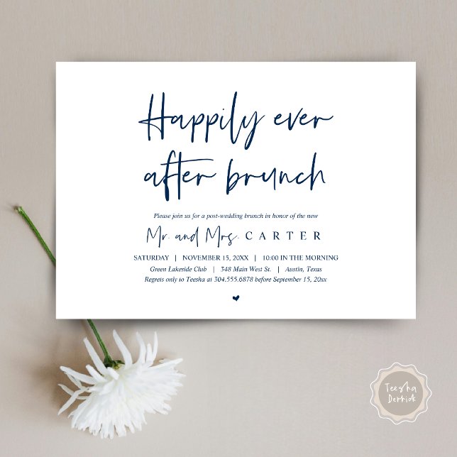 Invitation Heureux après le brunch, mariage post moderne (Happily ever after brunch, Modern post wedding Invitation Card, PDF, in timeless Navy Blue)