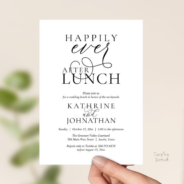 Invitation Heureux Après le Déjeuner de Mariage en Elopement (Happily Ever After, Modern Wedding Reception Lunch Invitation Card in Black and White)