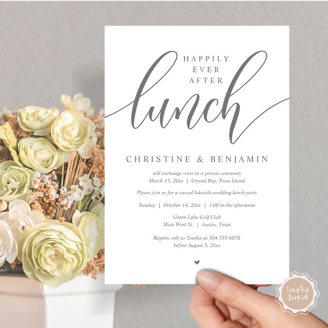 Invitation Heureux Après le Déjeuner, Fugue, Scénario Moderne (Happily Ever After Lunch, Elopement Card, PDF, Modern Wedding, in Dark Grey)