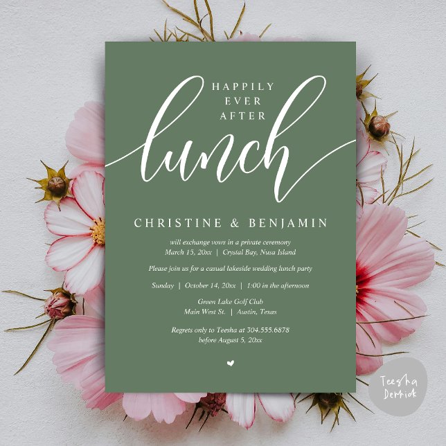 Invitation Heureux Après le Déjeuner, Fugue, Scénario Moderne (Happily Ever After Lunch, Elopement Card, PDF, Modern Wedding, in Greenery Sage Green Forest Summer)