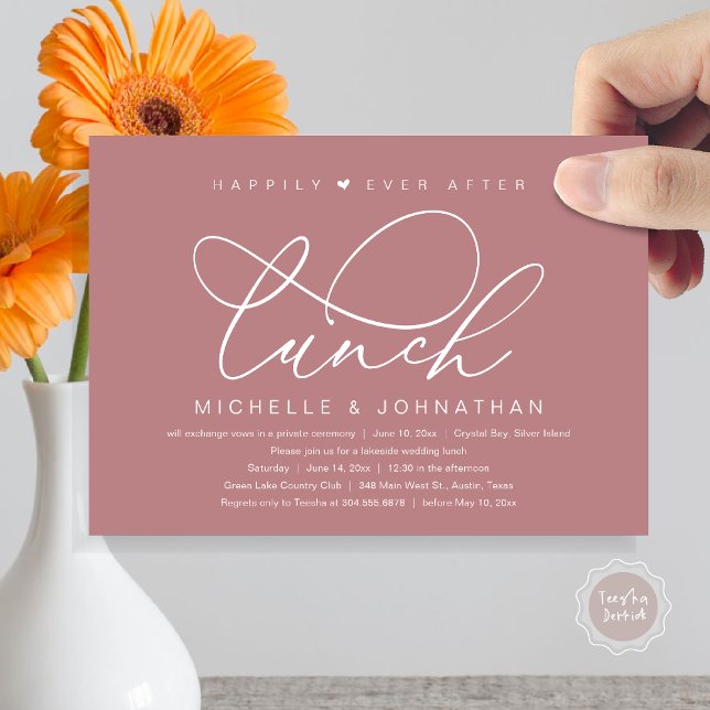 Invitation Heureux Après Le Déjeuner, Parti Romantique Modern (Happily Ever After Lunch Invitation Card, PDF, Wedding Elopement, Romantic Heart, Dusty Rose Pink)