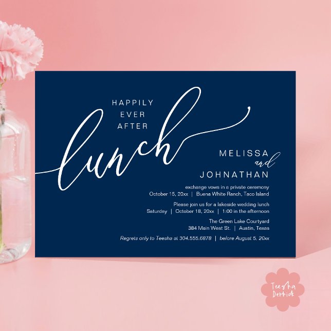 Invitation Heureux Après le Déjeuner Romantique de Mariage (Happily Ever After Lunch Romantic Post Wedding Invitation Card PDF in Navy Blue)