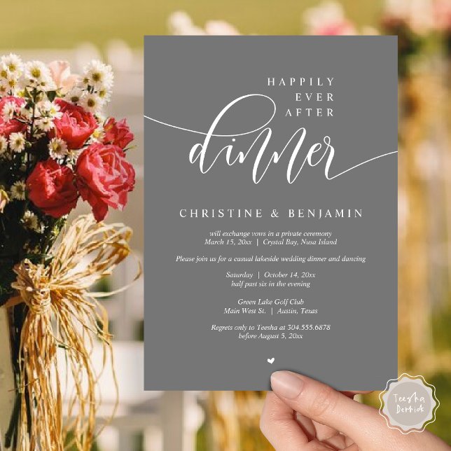 Invitation Heureux Après Le Dîner, Elopement Script Moderne (Happily Ever After Dinner, Modern Wedding Elopement Party Invitation Card, PDF, Dark Grey)