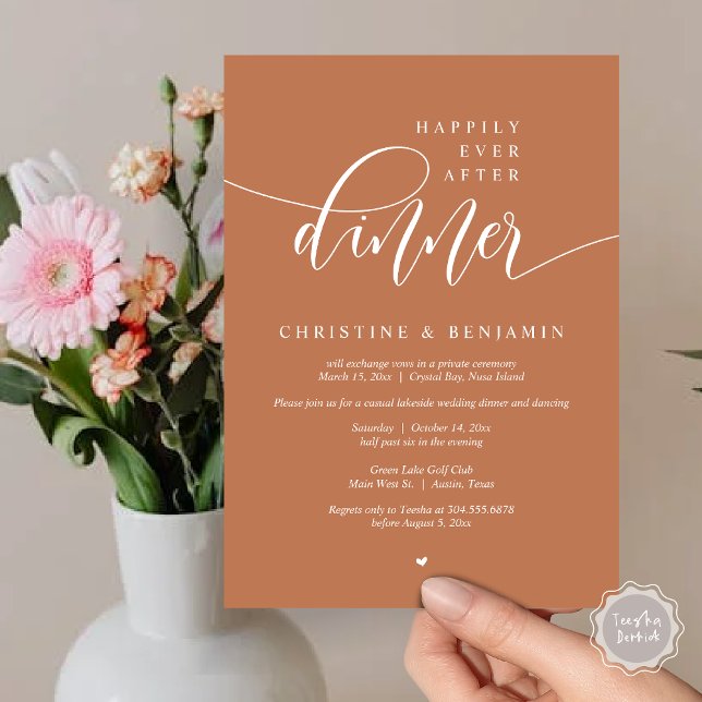 Invitation Heureux Après Le Dîner, Elopement Script Moderne (Happily Ever After Dinner, Modern Wedding Elopement Party Invitation Card, PDF, Copper Rust Brown)