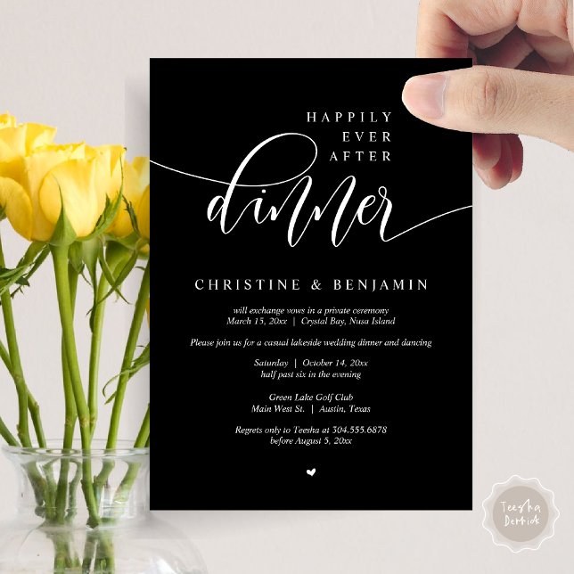 Invitation Heureux Après Le Dîner, Elopement Script Moderne (Happily Ever After Dinner, Modern Wedding Elopement Party Invitation Card, PDF, Classy Black)