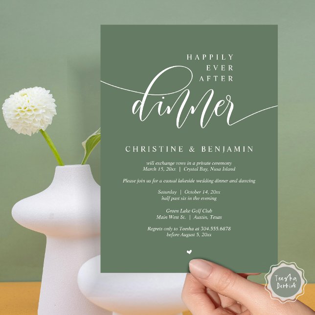Invitation Heureux Après Le Dîner, Elopement Script Moderne (Happily Ever After Dinner, Modern Wedding Elopement Party Invitation Card, PDF, Forest Sage Green)