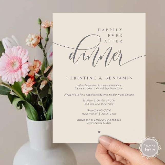 Invitation Heureux Après Le Dîner, Elopement Script Moderne (Happily Ever After Dinner, Modern Wedding Elopement Party Invitation Card, PDF, Dark Grey Cream)