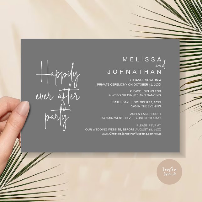 Invitation Heureux Après Le Dîner, Mariage Elopement (Happily Ever After Party, Modern Wedding Elopement Dinner Invitation Card, PDF, in Dark Grey)