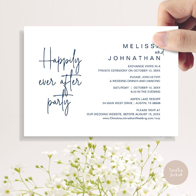 Invitation Heureux Après Le Dîner, Mariage Elopement (Happily Ever After Party, Modern Wedding Elopement Dinner Invitation Card, PDF, in Navy Blue)