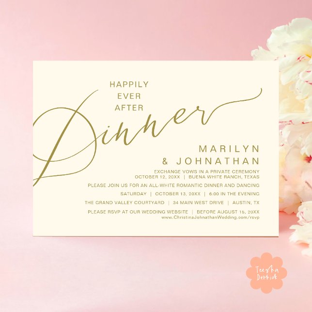 Invitation Heureux Après Le Dîner, Soirée De Mariage Moderne (Happily Ever After Romantic Wedding Dinner Party Invitation Card Modern Boho PDF Classy Yellow Gold)