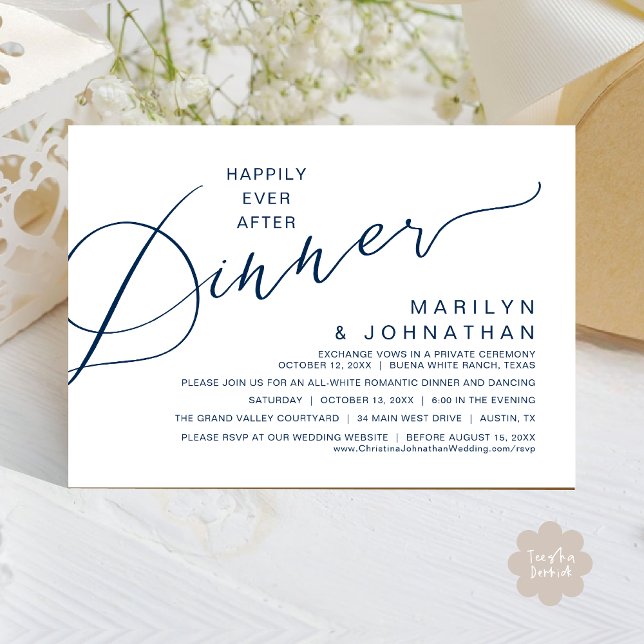 Invitation Heureux Après Le Dîner, Soirée De Mariage Moderne (Happily ever after Romantic Wedding Dinner Party Invitation Card Modern Boho PDF Classy Navy Blue)