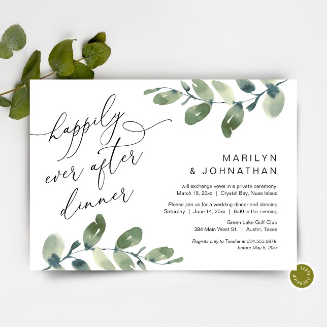 Invitation Heureux dîner pour toujours, Fugue, Verdure (Happily Ever After Dinner, Elopement Party Invitation Card, Greenery Eucalyptus, Digital Download)