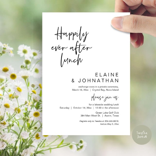 Invitation Heureux Jamais Après Brunch, Mariage Elopement (Happily Ever After Lunch, Modern Wedding Elopement Party Invitation Card, PDF, in Black and White)