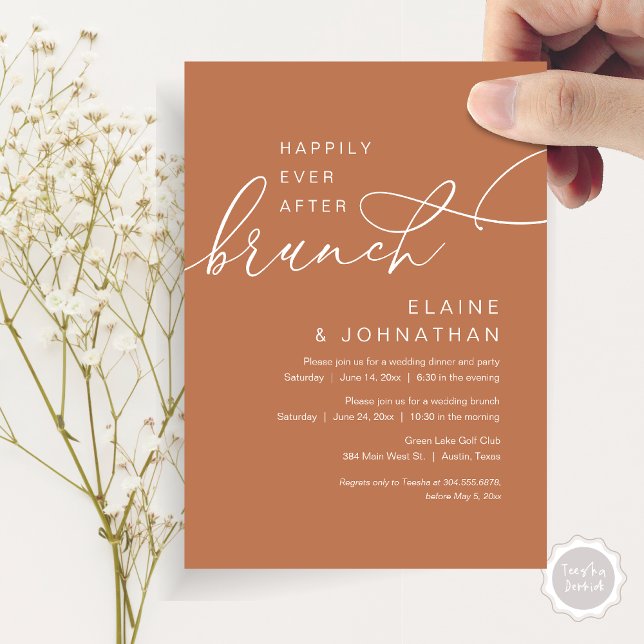 Invitation Heureux Jamais Après Brunch, Mariage Elopement Par (Happily Ever After Brunch Invitation Card, PDF, in Modern Romantic Script, Copper Rust )