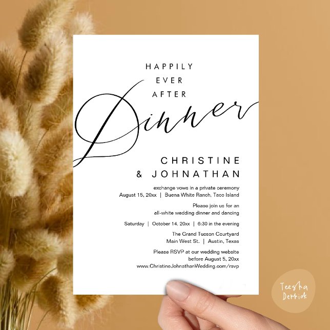 Invitation Heureux Jamais Après Dîner Romantique Mariage (Happily Ever After Dinner, Modern Romantic Wedding Invites Card, PDF, Minimalist Clean, White Black)