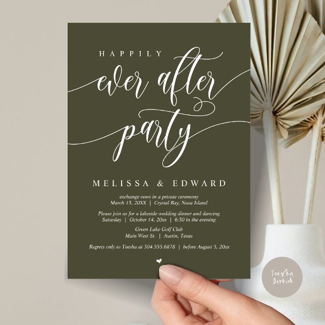 Invitation Heureux Jamais après la fête de l'Elopement, Olive (Happily Ever After Elopement Party Invitation Card, PDF, Modern Wedding Dinner, in Olive Green)