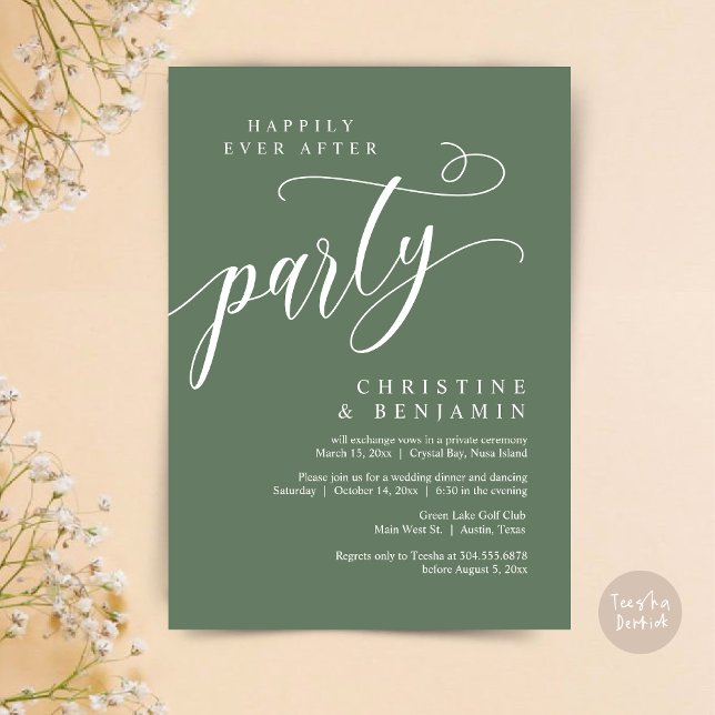 Invitation Heureux Jamais Après La Fête, Elopement Mariage (Happily Ever After Party, Modern Romance Wedding Elopement Invitation Card, PDF, Forest Sage Green)