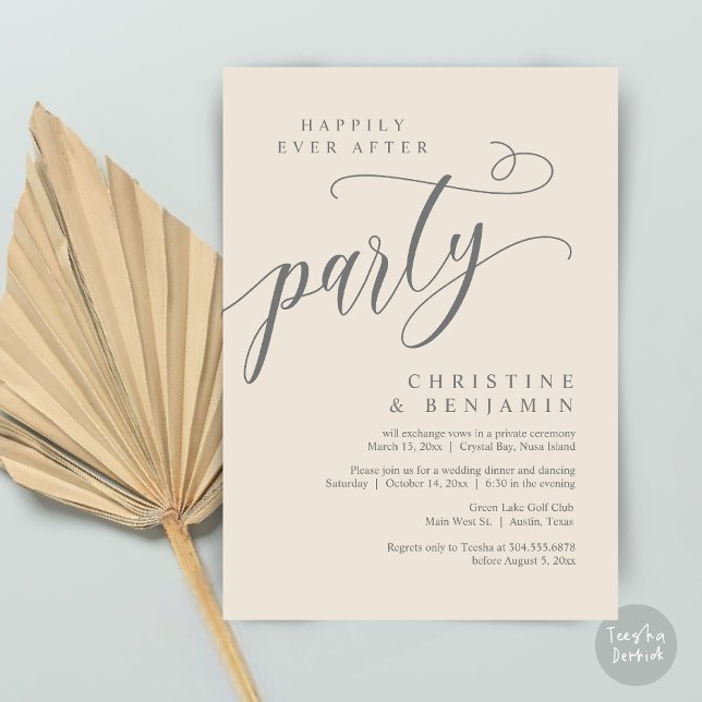Invitation Heureux Jamais Après La Fête, Elopement Mariage (Happily Ever After Party, Modern Romance Wedding Elopement Invitation Card, PDF, in Cream dark grey)