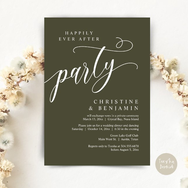Invitation Heureux Jamais Après La Fête, Elopement Mariage (Happily Ever After Party, Modern Romance Wedding Elopement Invitation Card, PDF, in Olive Green)