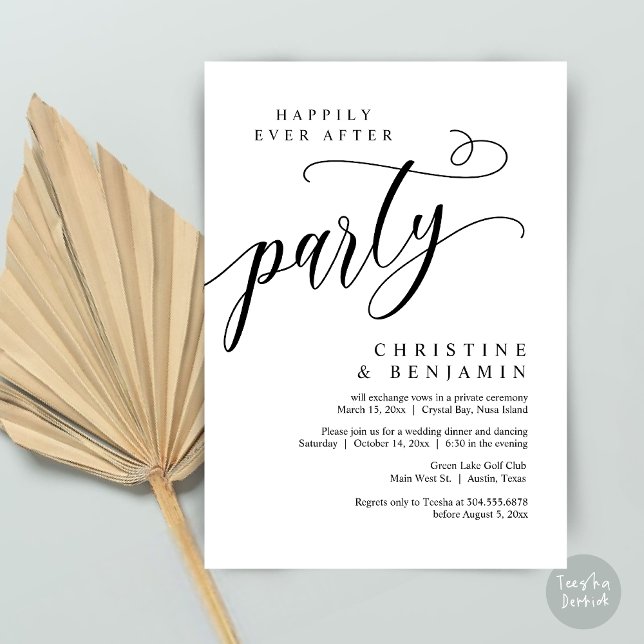 Invitation Heureux Jamais Après La Fête, Elopement Mariage (Happily Ever After Party, Modern Romance Wedding Elopement Invitation Card, PDF, Elegant Black White)