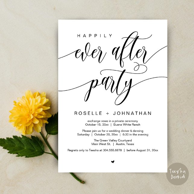 Invitation Heureux Jamais Après La Fête Moderne Dîner Mariage (Happily Ever After Party Modern Wedding Dinner Dancing Invitation Card PDF White Black)