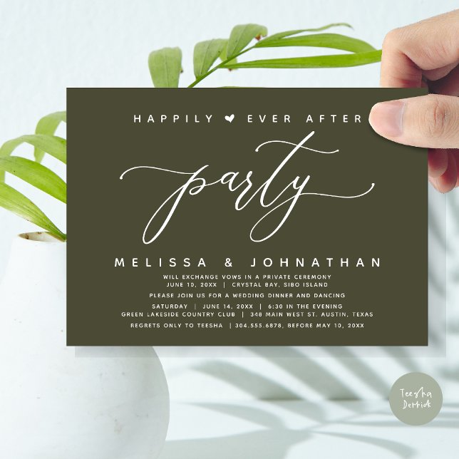 Invitation Heureux Jamais après la fête Olive dîner Mariage (Modern Romantic Wedding Elopement Happily Ever After Dinner Party Invitation Card, PDF, Olive Green)