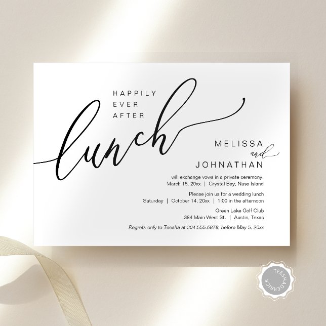 Invitation Heureux Jamais Après Le Déjeuner Du Mariage Elopem (Happily Ever After Wedding Elopement Lunch Invitation Card, Modern Romantic, Editable Downloadable)