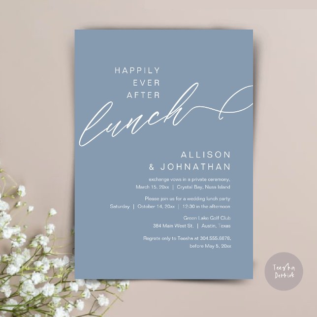Invitation Heureux Jamais Après Le Déjeuner, Mariage, Dusty B (Happily Ever After Lunch, Wedding Elopement Invitation Card, PDF, Modern Classy, in Dusty Blue)