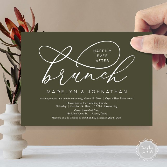 Invitation Heureux Jamais Après Le Déjeuner, Mariage Elopemen (Happily Ever After Brunch, Wedding Elopement Party Invitation Card, PDF, Classy, Olive Green)