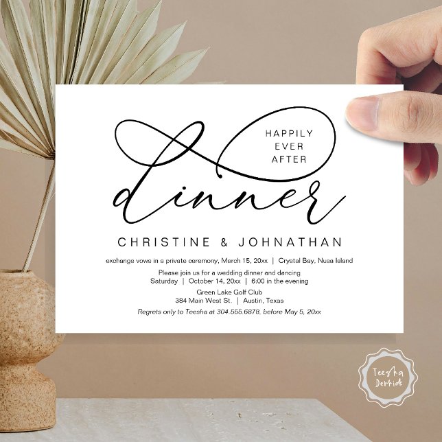 Invitation Heureux Jamais Après Le Déjeuner, Mariage Elopemen (Happily Ever After Dinner, Wedding Elopement Invitation Card, Classy Script, in Black and White)
