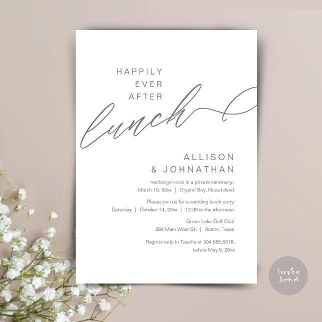 Invitation Heureux Jamais Après Le Déjeuner, Mariage, Gris So (Happily Ever After Lunch, Wedding Elopement Invitation Card, PDF, Modern Classy, in Dark Grey)