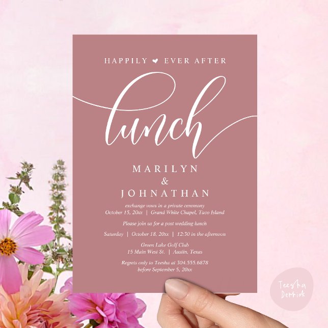 Invitation Heureux Jamais Après Le Déjeuner, Poste Mariage (Happily Ever After Lunch, Wedding Party Invitation Card PDF Modern Beautiful Dusty Rose Pink)