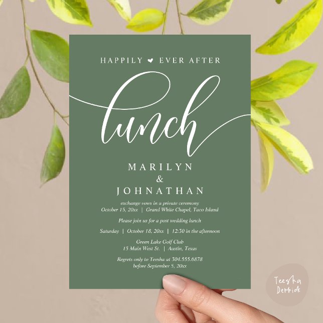 Invitation Heureux Jamais Après Le Déjeuner, Poste Mariage (Happily Ever After Lunch, Wedding Party Invitation Card PDF Modern Romantic Greenery Sage Green)