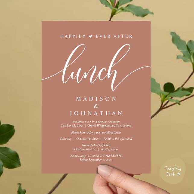 Invitation Heureux Jamais Après Le Déjeuner, Poste Mariage (Happily Ever After Lunch, Wedding Party Invitation Card PDF Modern Romantic Terracotta Earthy Brown)