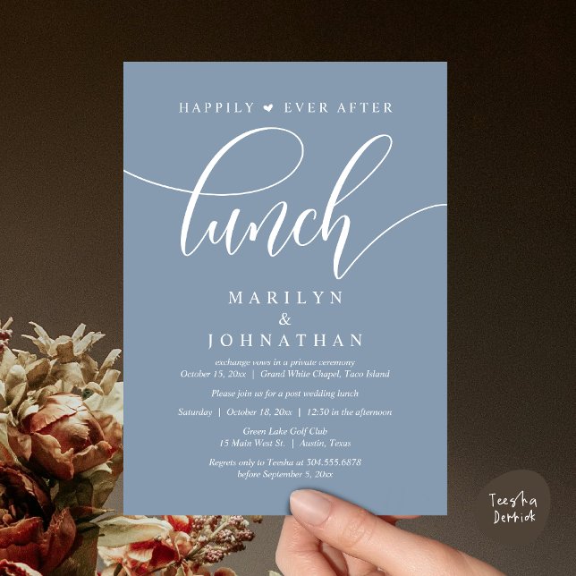Invitation Heureux Jamais Après Le Déjeuner, Poste Mariage (Happily Ever After Lunch, Wedding Party Invitation Card PDF Modern Romantic Beautiful Dusty Blue)
