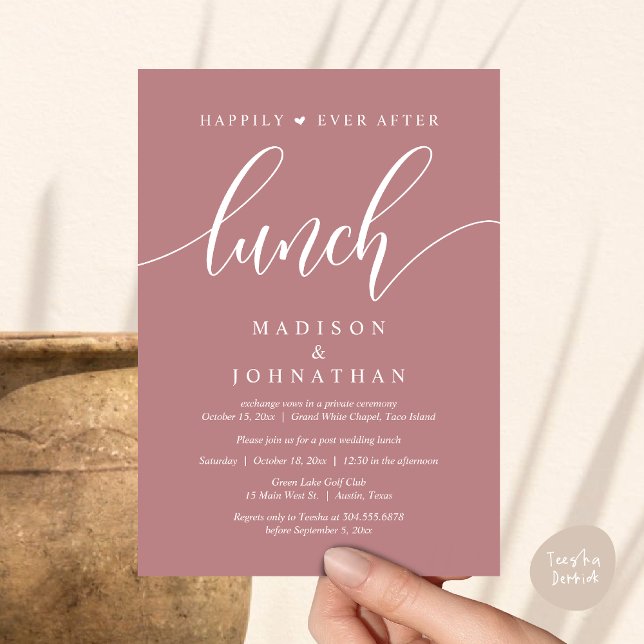 Invitation Heureux Jamais Après Le Déjeuner, Poste Mariage (Happily Ever After Lunch, Wedding Party Invitation Card PDF Modern Beautiful Dusty Rose Pink)