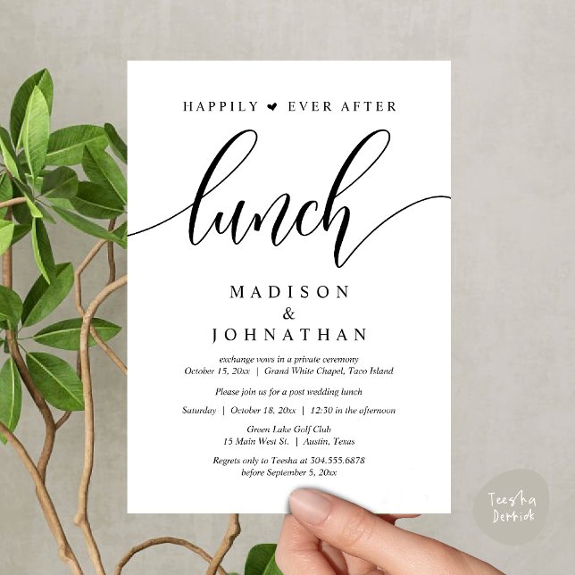 Invitation Heureux Jamais Après Le Déjeuner, Poste Mariage (Happily Ever After Lunch, Wedding Party Invitation Card PDF Modern Romantic White Black)