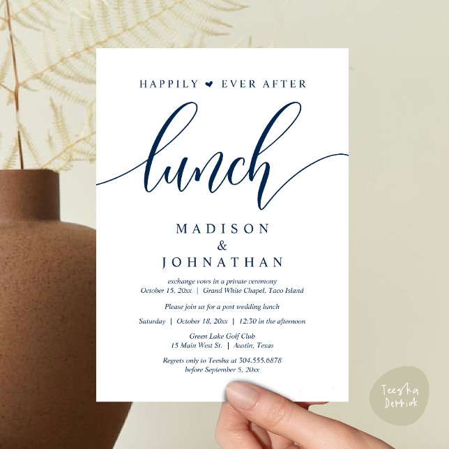Invitation Heureux Jamais Après Le Déjeuner, Poste Mariage (Happily Ever After Lunch, Wedding Party Invitation Card PDF Modern Romantic Navy Blue)