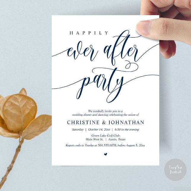 Invitation Heureux Jamais Après Le Dîner De Fête Danser (Happily Ever After Party Dinner Dancing Modern Invitation Card, PDF, in Navy Blue)