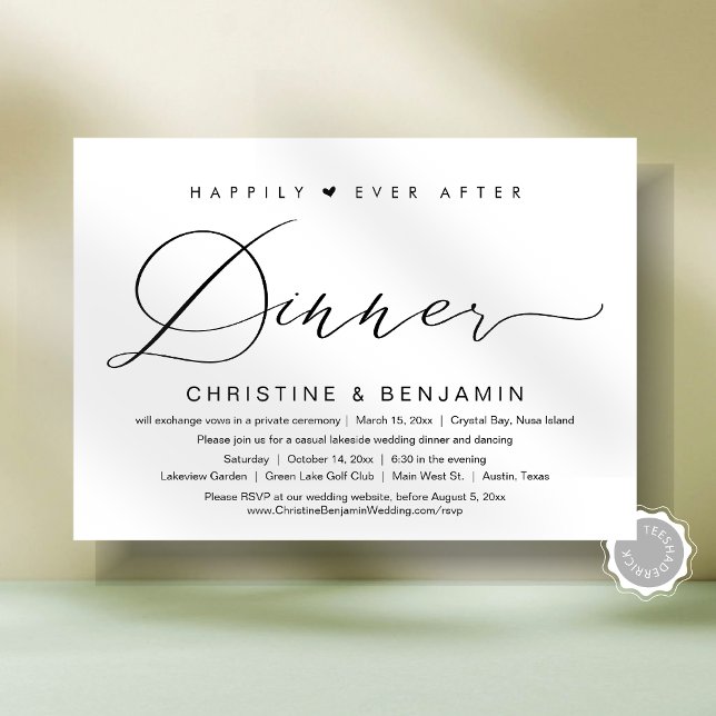 Invitation Heureux Jamais Après Le Dîner Elopement, Script Mo (Happily Ever After Dinner Elopement Party, Modern Script Invitation Card, Digital and Printed Copies)