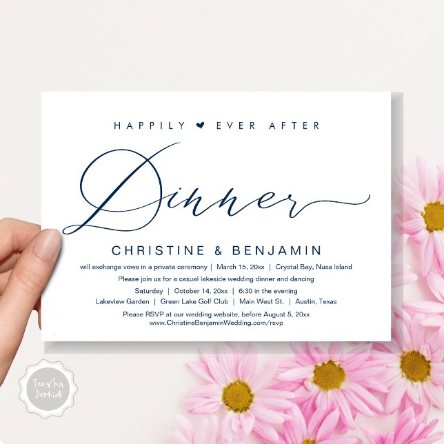 Invitation Heureux Jamais Après Le Dîner Elopement, Script Mo (Happily Ever After Dinner Invitation Card, PDF, Modern Romantic Script, in Navy Blue)