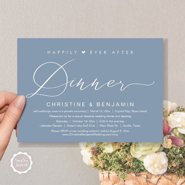 Invitation Heureux Jamais Après Le Dîner Elopement, Script Mo (Happily Ever After Dinner Invitation Card, PDF, Modern Romantic Script, in Dusty Blue)