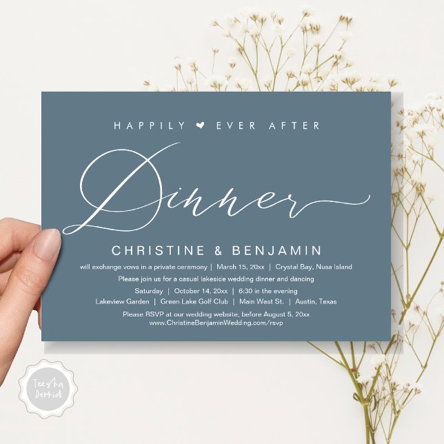 Invitation Heureux Jamais Après Le Dîner Elopement, Script Mo (Happily Ever After Dinner Invitation Card, PDF, Modern Romantic Script, in Dark Dusty Blue)