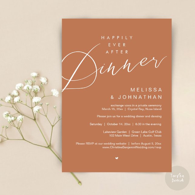 Invitation Heureux Jamais Après Le Dîner, Mariage, Cuivre (Happily Ever After Dinner Invitation Card, PDF, Modern Romantic Wedding Elopement , in Copper Rust)