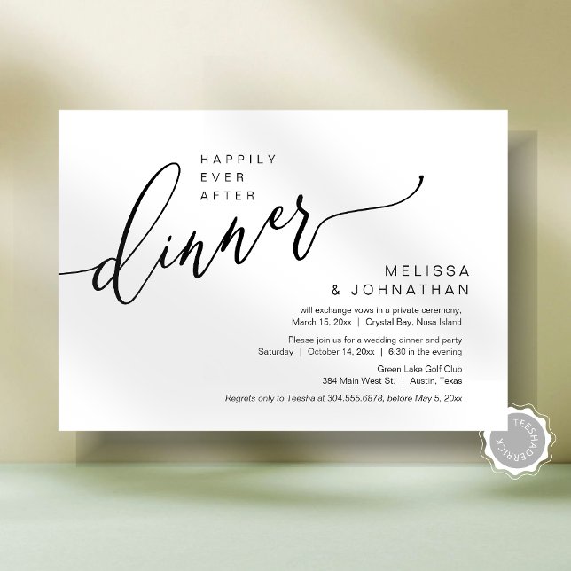 Invitation Heureux Jamais Après Le Dîner Mariage Elopement (Happily Ever After Romantic Wedding Elopement Dinner Party Invitation Card, Post Wedding Template)