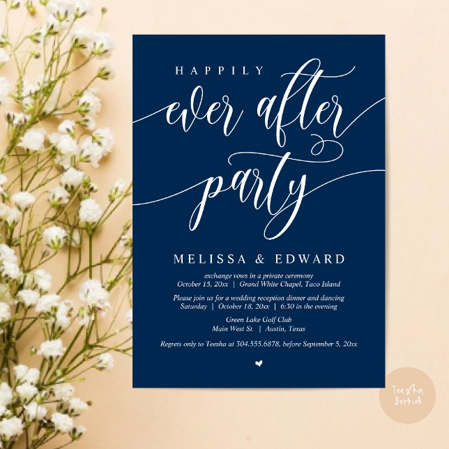 Invitation Heureux Jamais Après Le Dîner Mariage Elopement (Wedding Happily Ever After Party Dinner Brunch Elopement Invitation Card, PDF, Navy Blue)