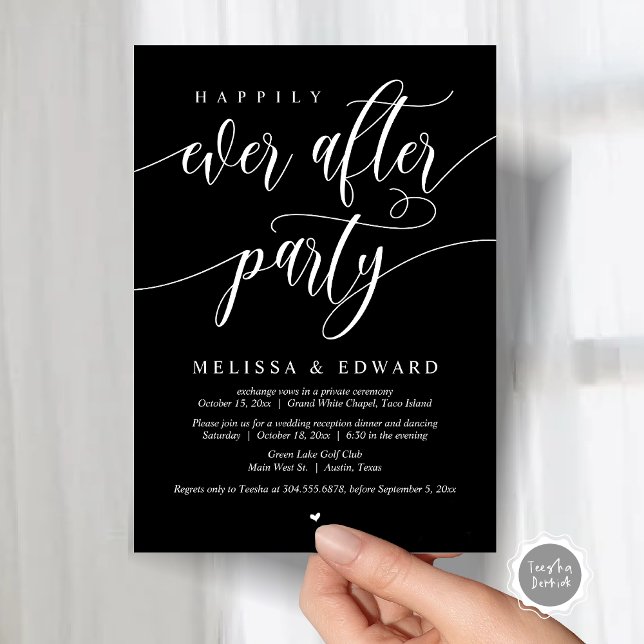 Invitation Heureux Jamais Après Le Dîner Mariage Elopement (Wedding Happily Ever After Party Dinner Brunch Elopement Invitation Card, PDF, Classy Black)