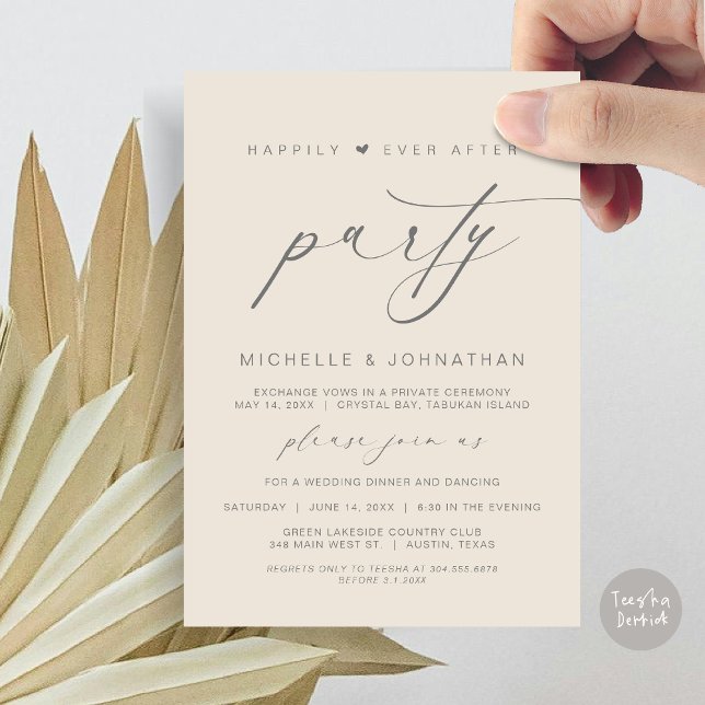 Invitation Heureux Jamais Après Le Dîner, Mariage Elopement (Happily Ever After Party, Wedding Elopement Dinner Brunch Invitation Card, PDF, Cream Grey)
